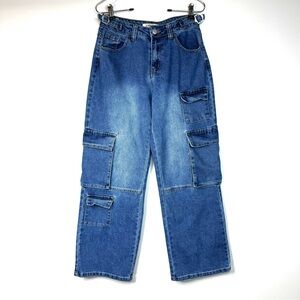 Love Cult Wide Leg Cargo Jeans Women’s Size Small 28” x 28.5” Blue Baggy Pants